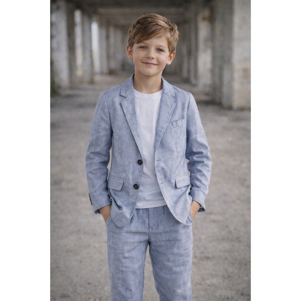 Zara Suit Set Kids Size 11/12 Blue Linen Blend Blazer Trousers‎ Formal Wedding